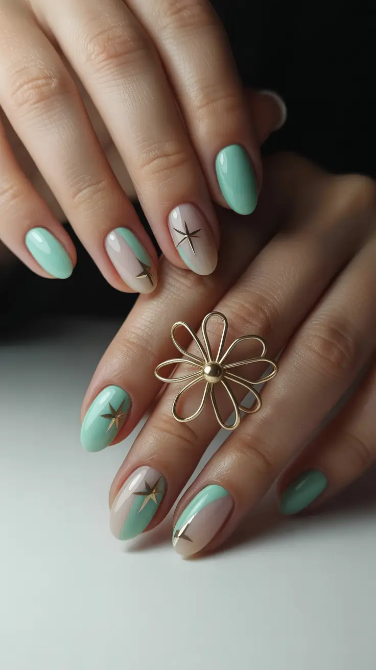Creative Short Almond Nails 2026 Mint and Nude Star Accents That Feel Fresh