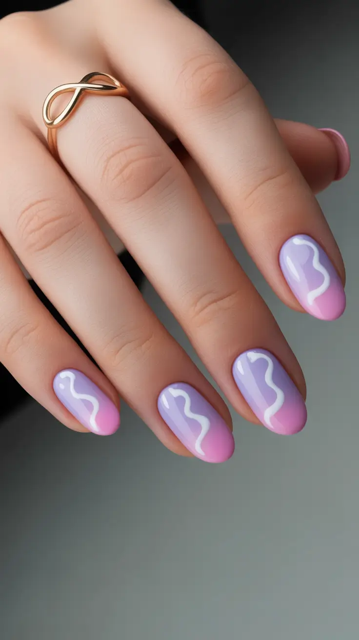 Creative Short Almond Nails 2026 Lavender Pink Ombre With Wavy Lines