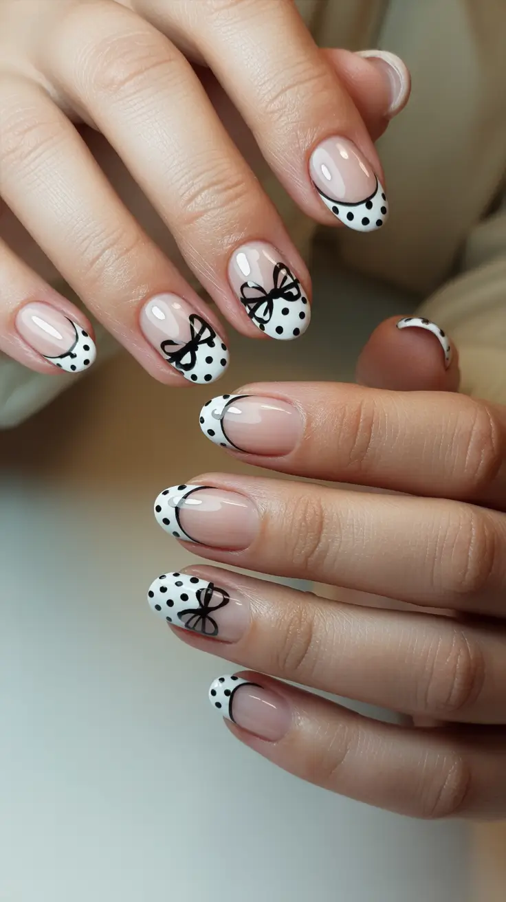 Creative Short Almond Nails 2026 Polka Dot French