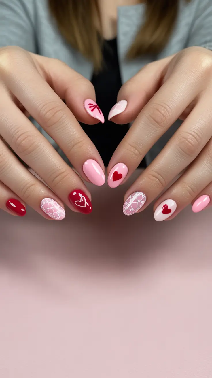 Creative Short Almond Nails 2026 Valentine Pink Red