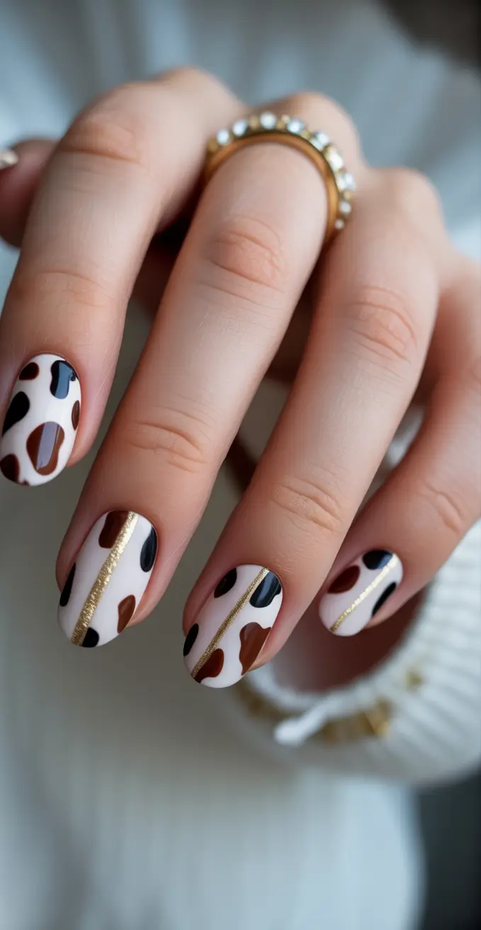 Creative Short Almond Nails 2026 Neutral Abstract Gold