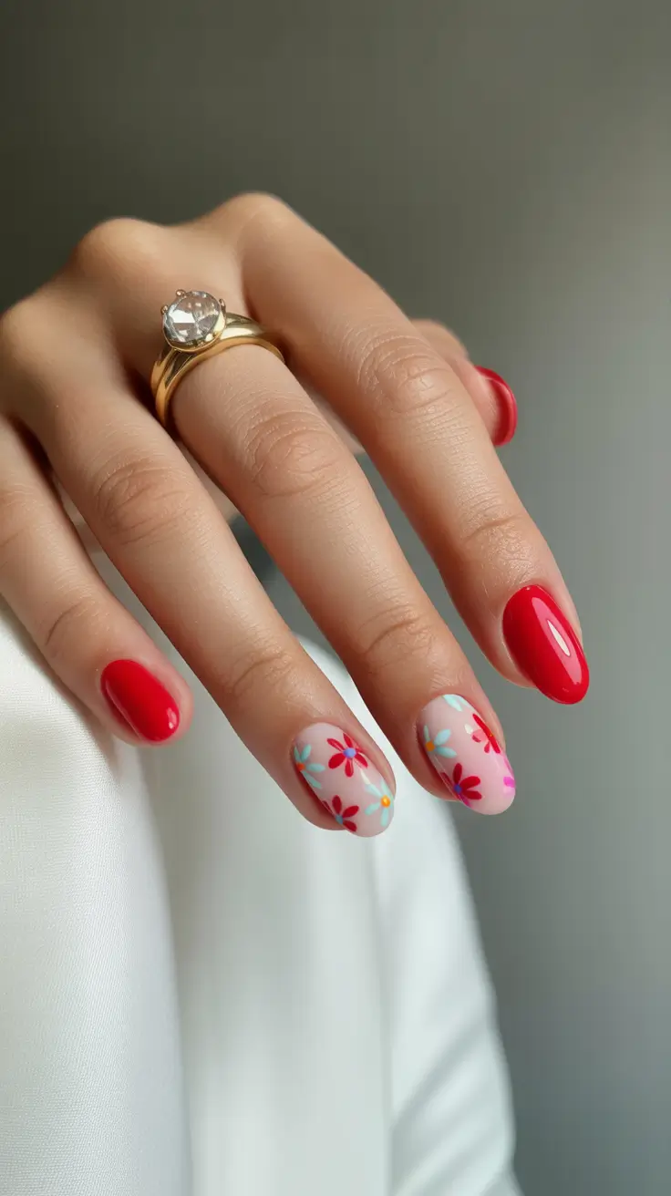 Creative Short Almond Nails 2026 Cherry Red With Retro Floral Accents