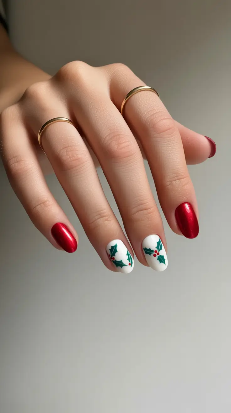 Creative Short Almond Nails 2026 Christmas Red Chrome With Holly Details