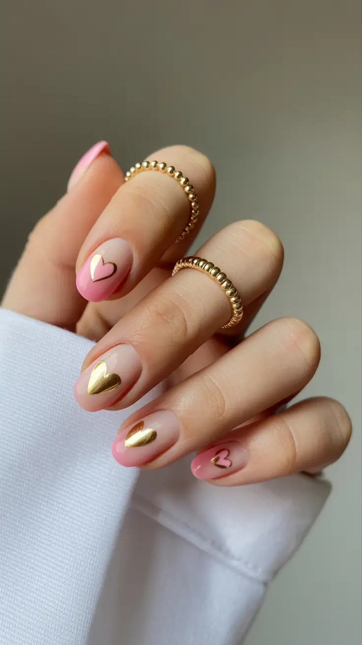 Creative Short Almond Nails 2026 Soft Pink French With Gold Hearts