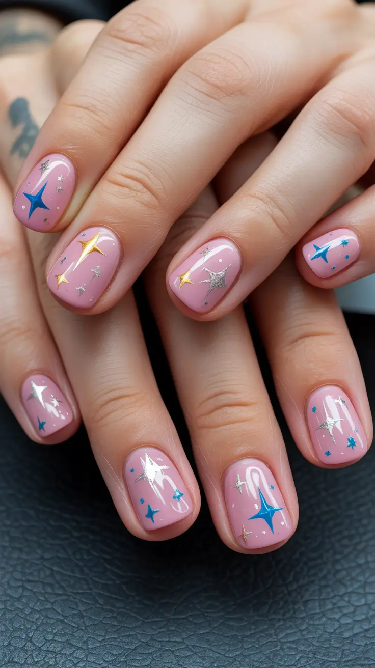 Creative Short Nails 2026 Playful Star Accents on Blush Gel