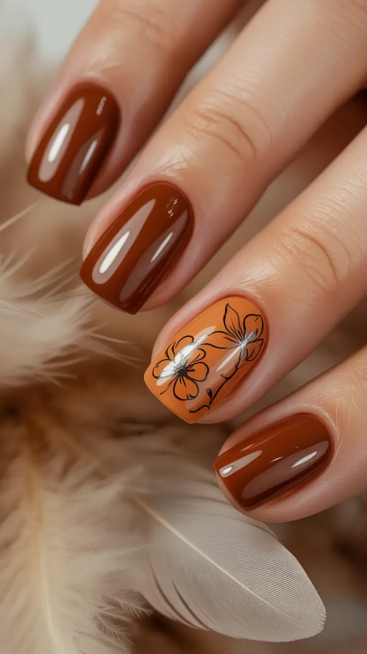 Creative Short Nails 2026 Warm Brown Nails with Minimal Floral Art