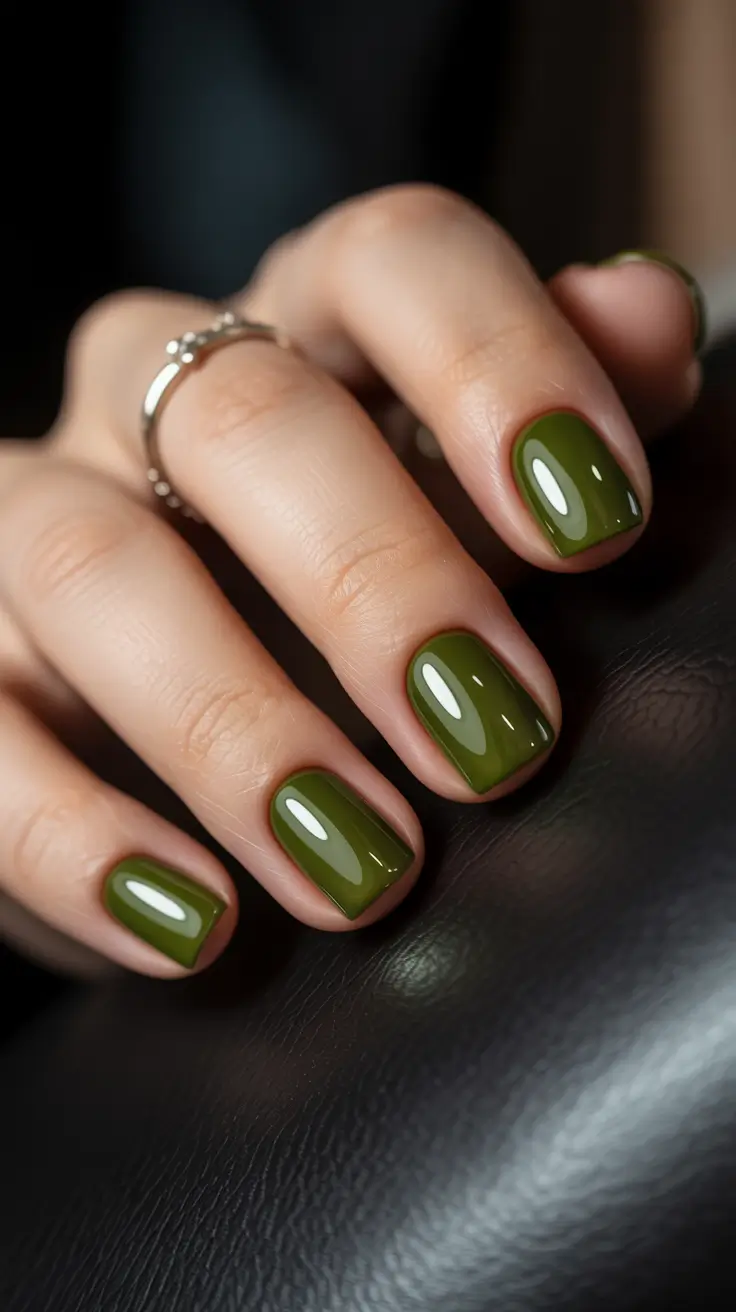 Creative Short Nails 2026 Glossy Olive Green Gel