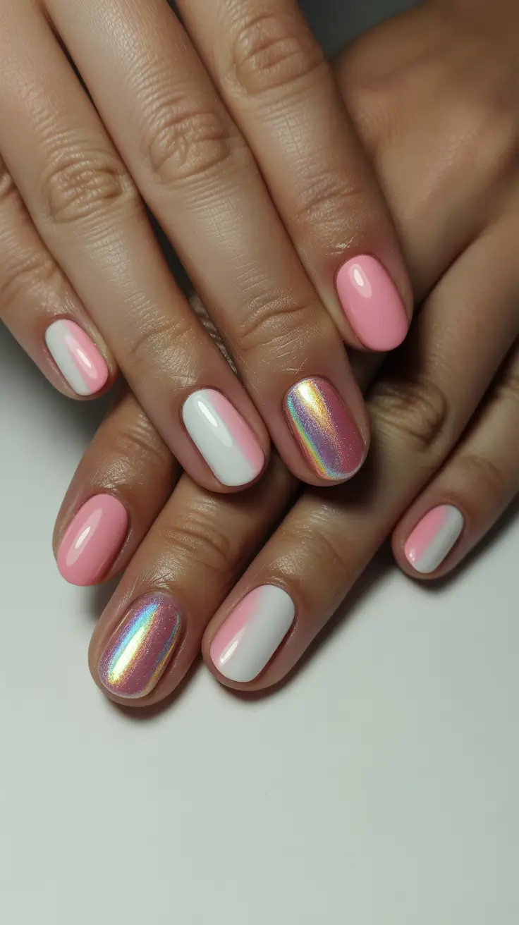 Creative Short Nails 2026 Pink White Holographic Accent