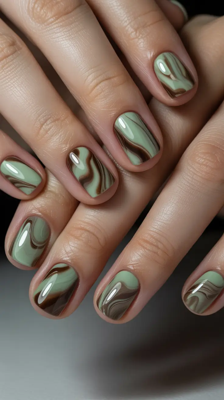 Creative Short Nails 2026 Green Brown Marble