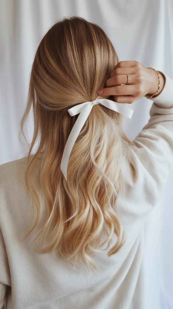 cute hairstyle 2026 Soft Waves with a White Ribbon