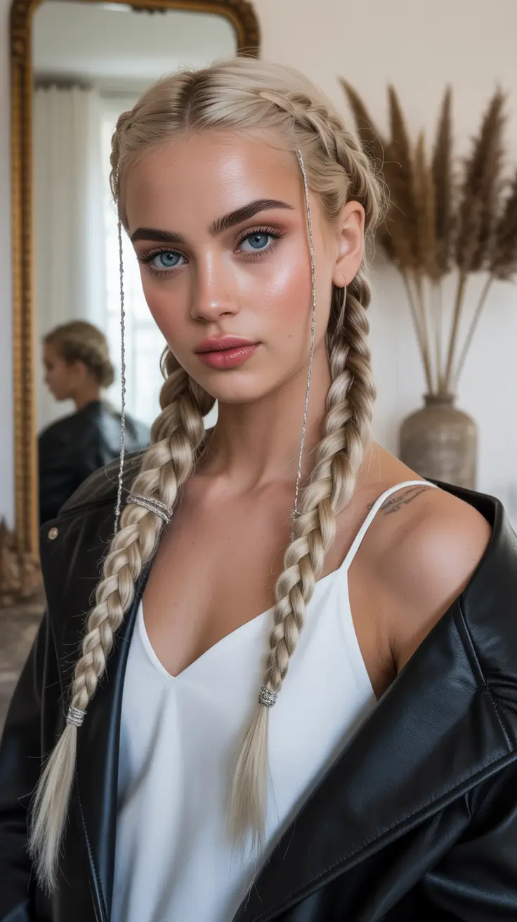 cute hairstyle 2026 Glamorous Double Braids with Hair Accessories
