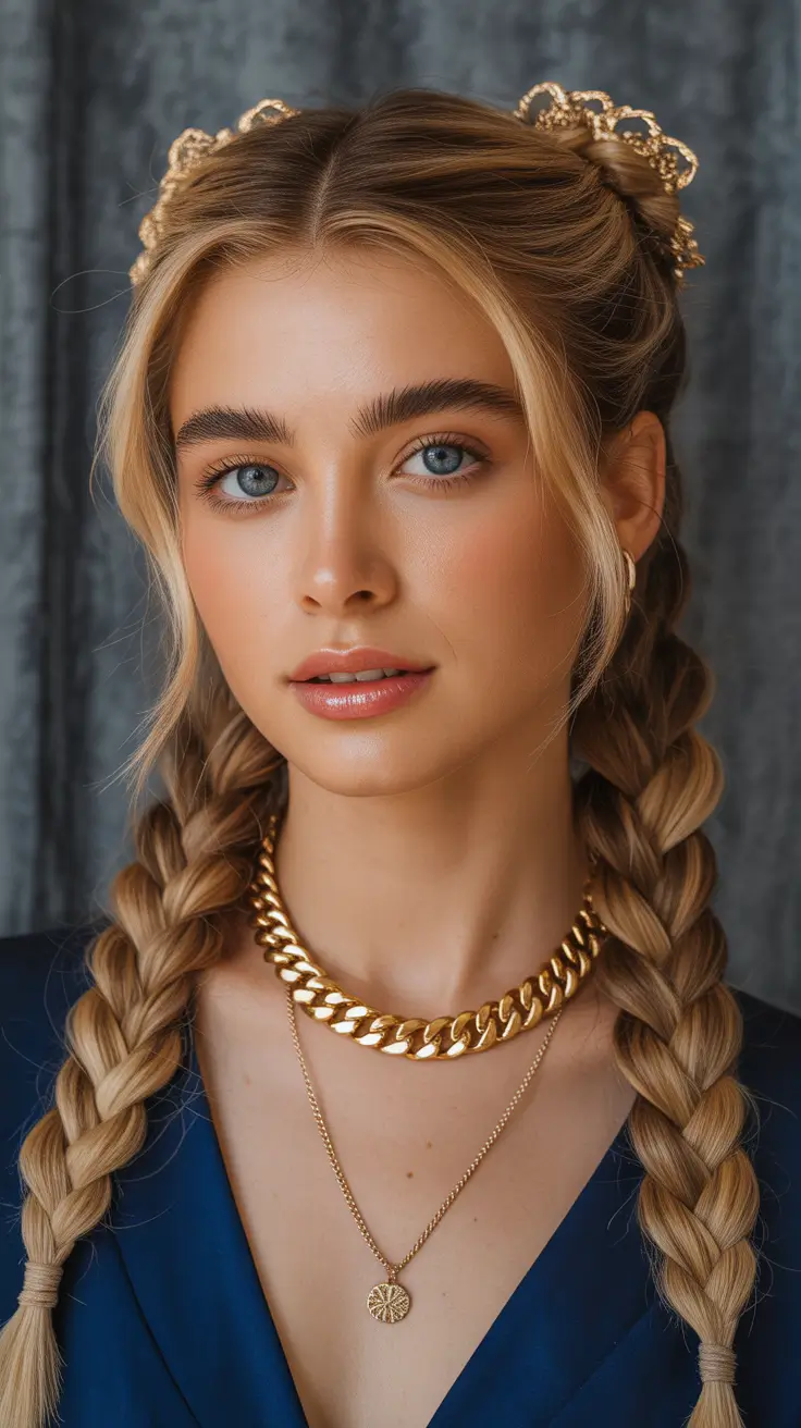 cute hairstyle 2026 Double Braids with Crown Accents