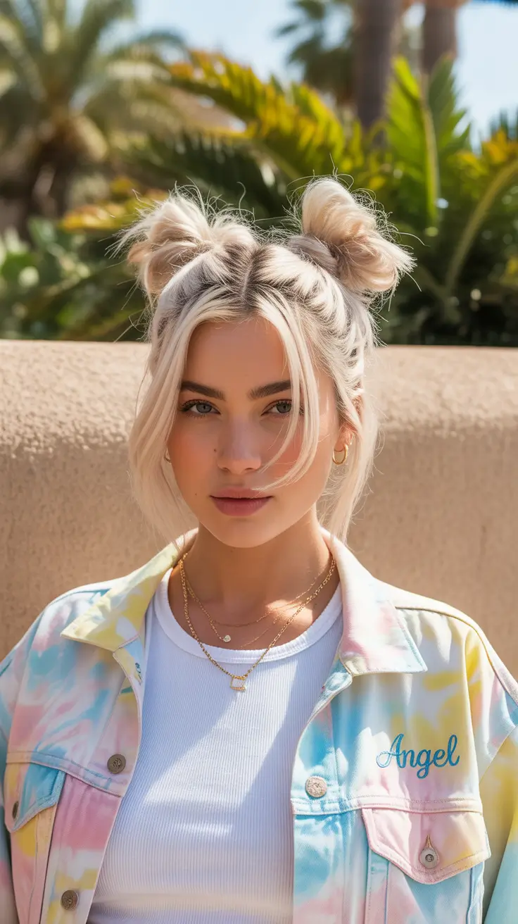 buns hairstyle 2026 Soft Double Space Buns with Face-Framing Strands