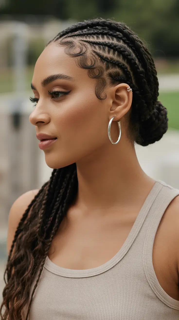 buns hairstyle 2026 Sleek Braided Low Bun with Edgy Flair