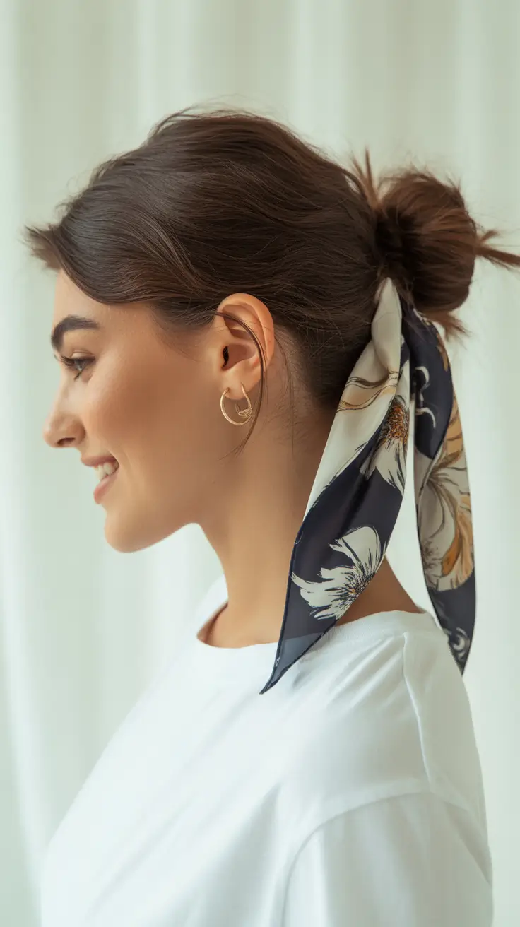 buns hairstyle 2026 Messy Bun with Floral Scarf