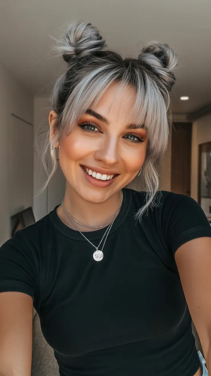 buns hairstyle 2026 Messy Space Buns with Fringe