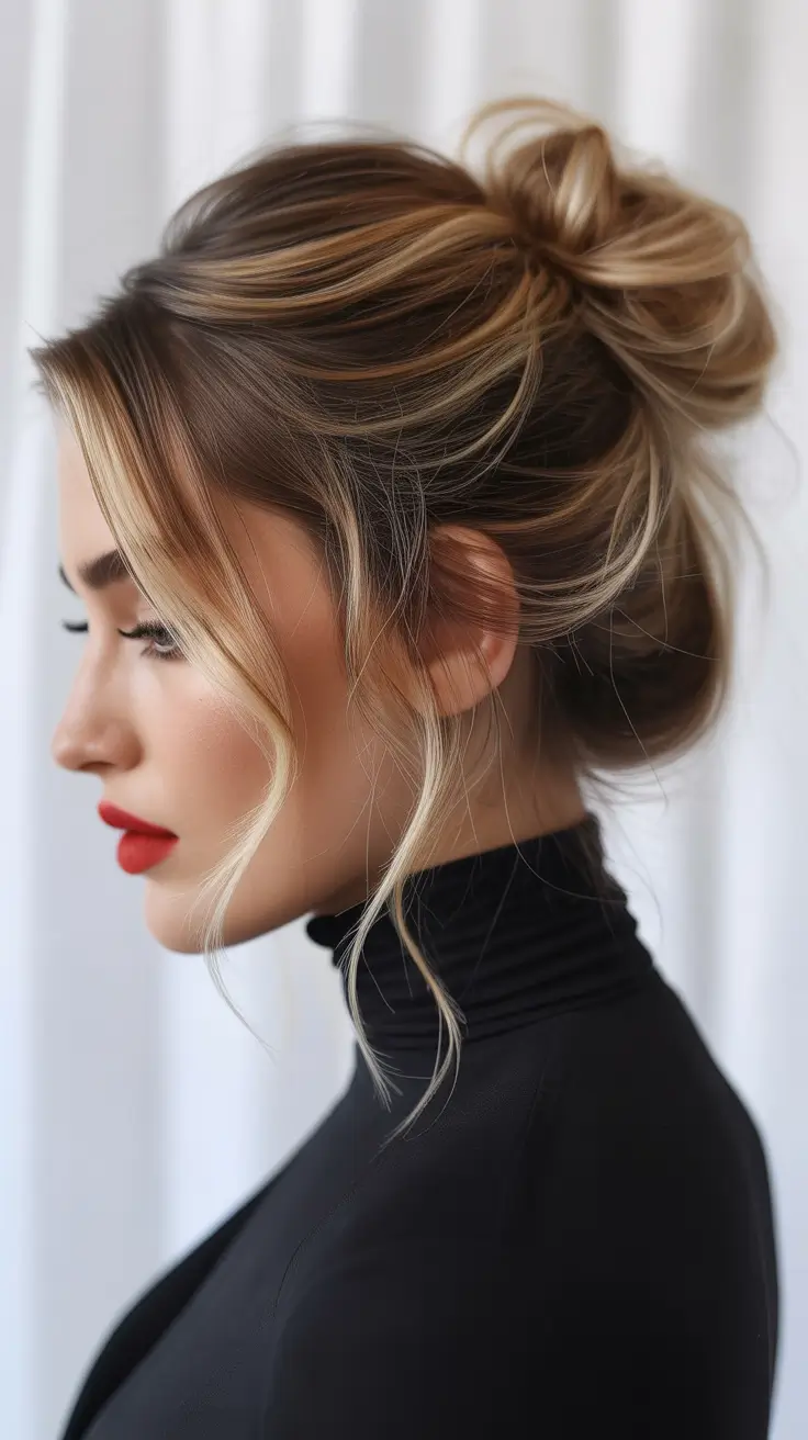 buns hairstyle 2026 Effortless Low Bun with Golden Highlights