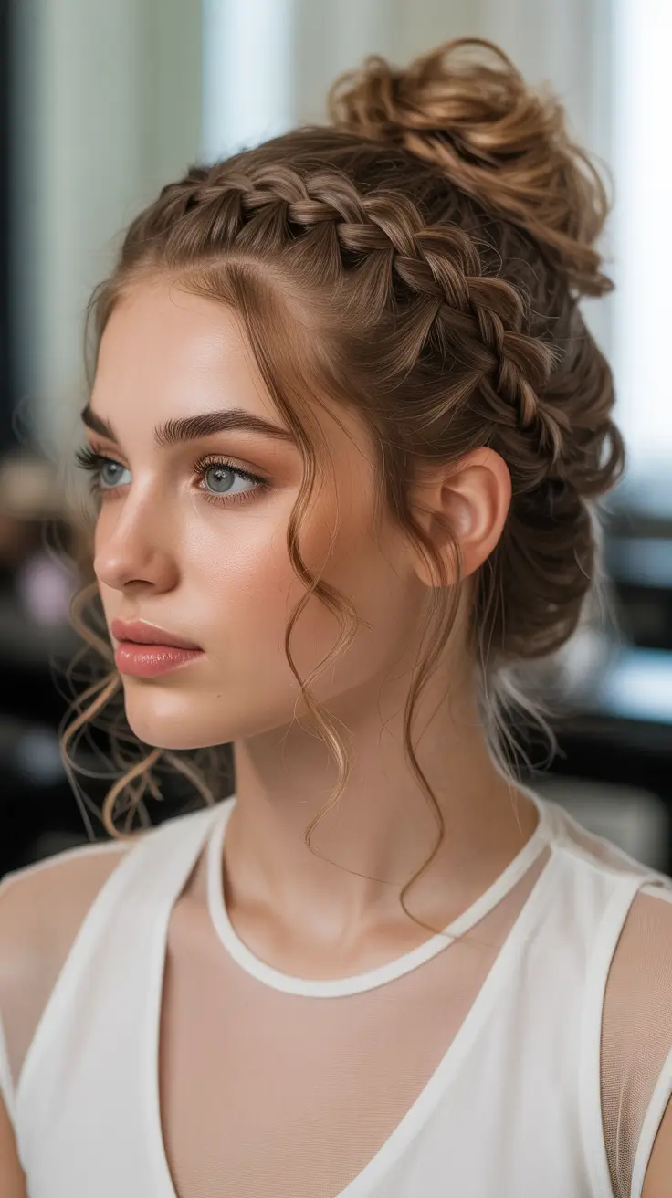 buns hairstyle 2026 Braided Crown Bun with Romantic Waves