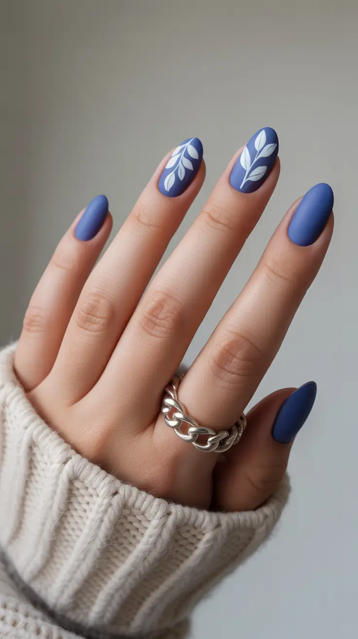 Cute Gel Nails 2026 Muted Blue Botanical