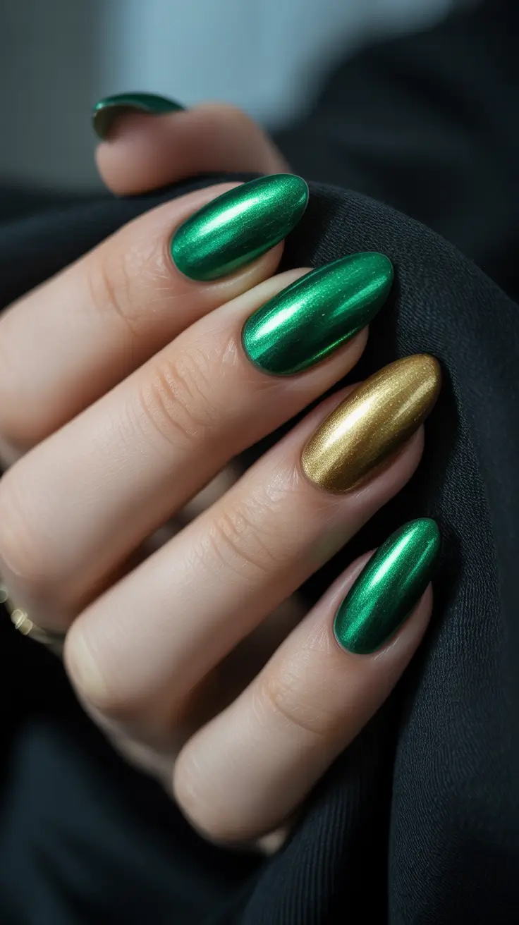Cute Gel Nails 2026 Green Gold Metallic
