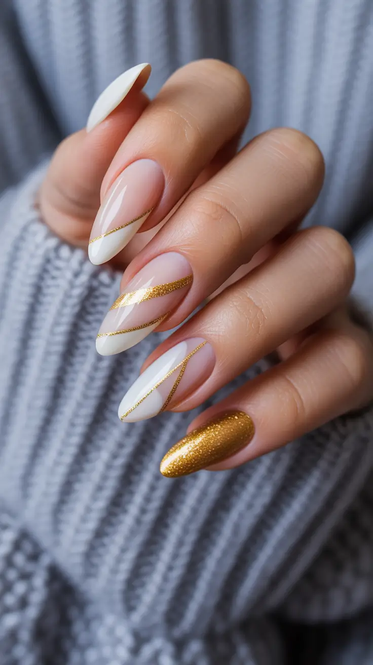 Cute Gel Nails 2026 Milky White Gold Lines