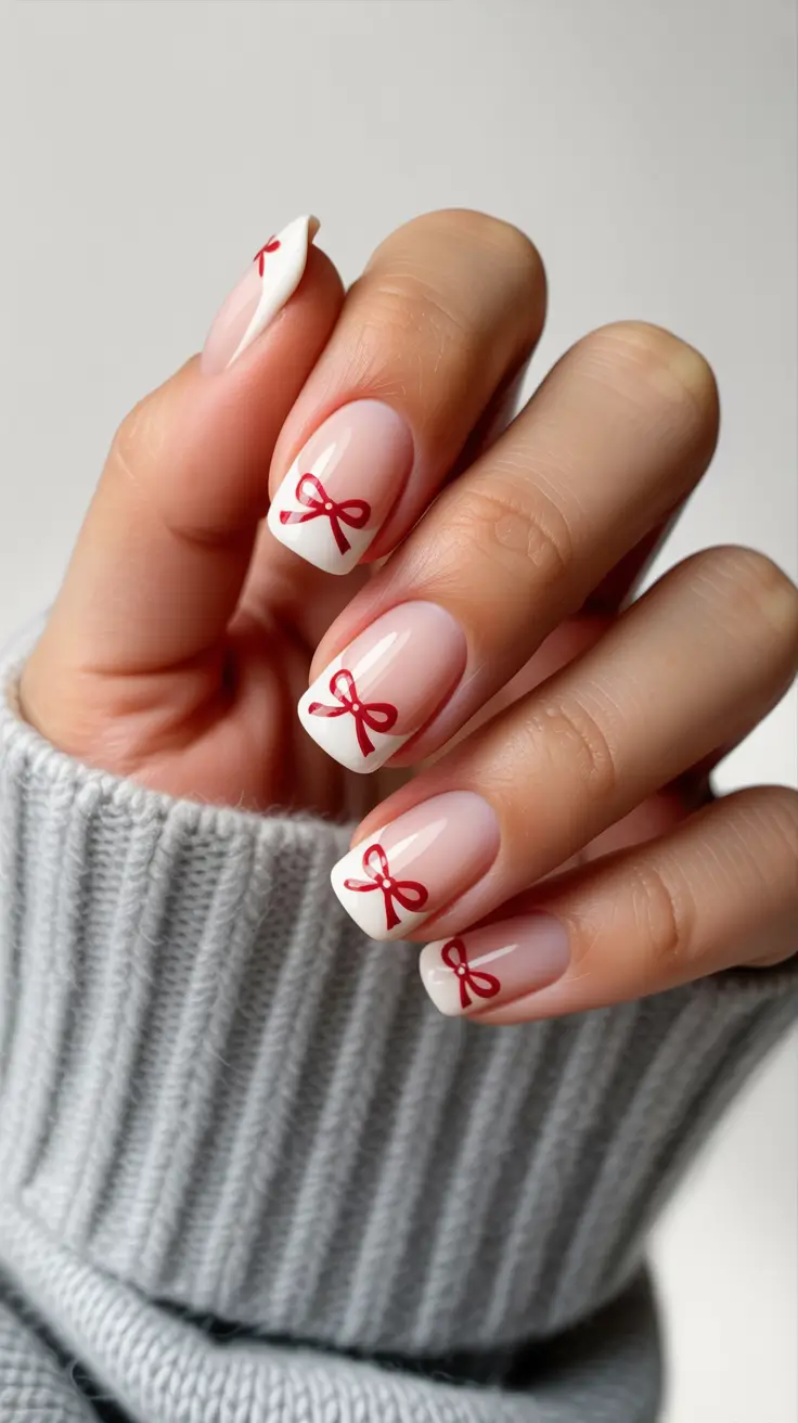 Cute Gel Nails 2026 French Red Bow