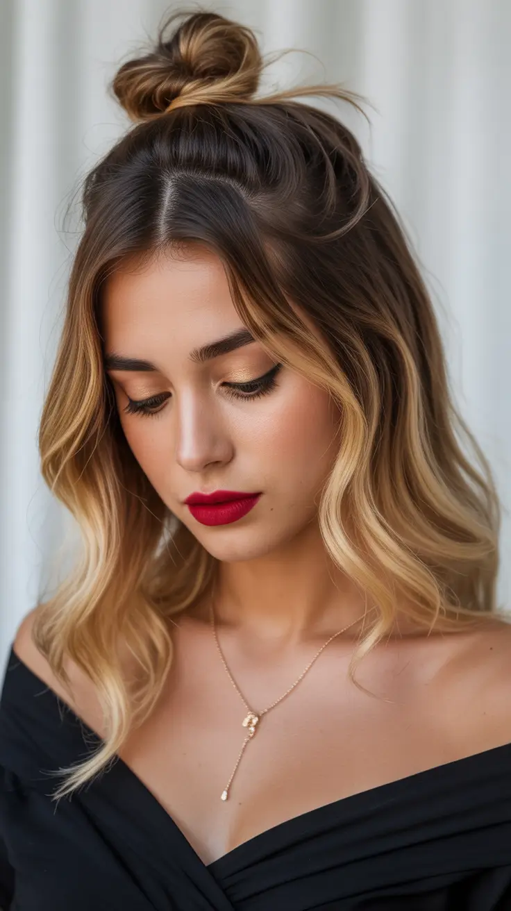 half up half down hairstyle 2026 Soft Waves with Mini Bun Charm