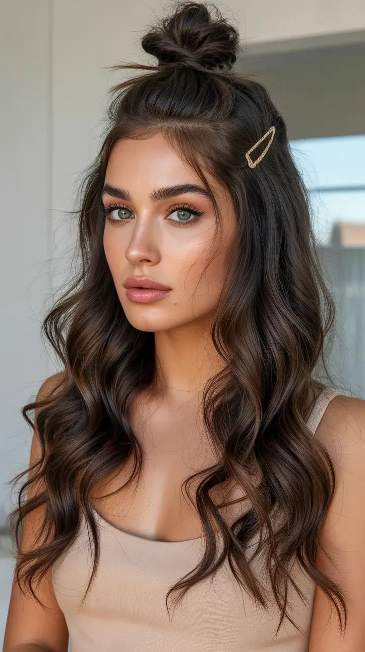 half up half down hairstyle 2026 Playful Top Knot with Clip Accent