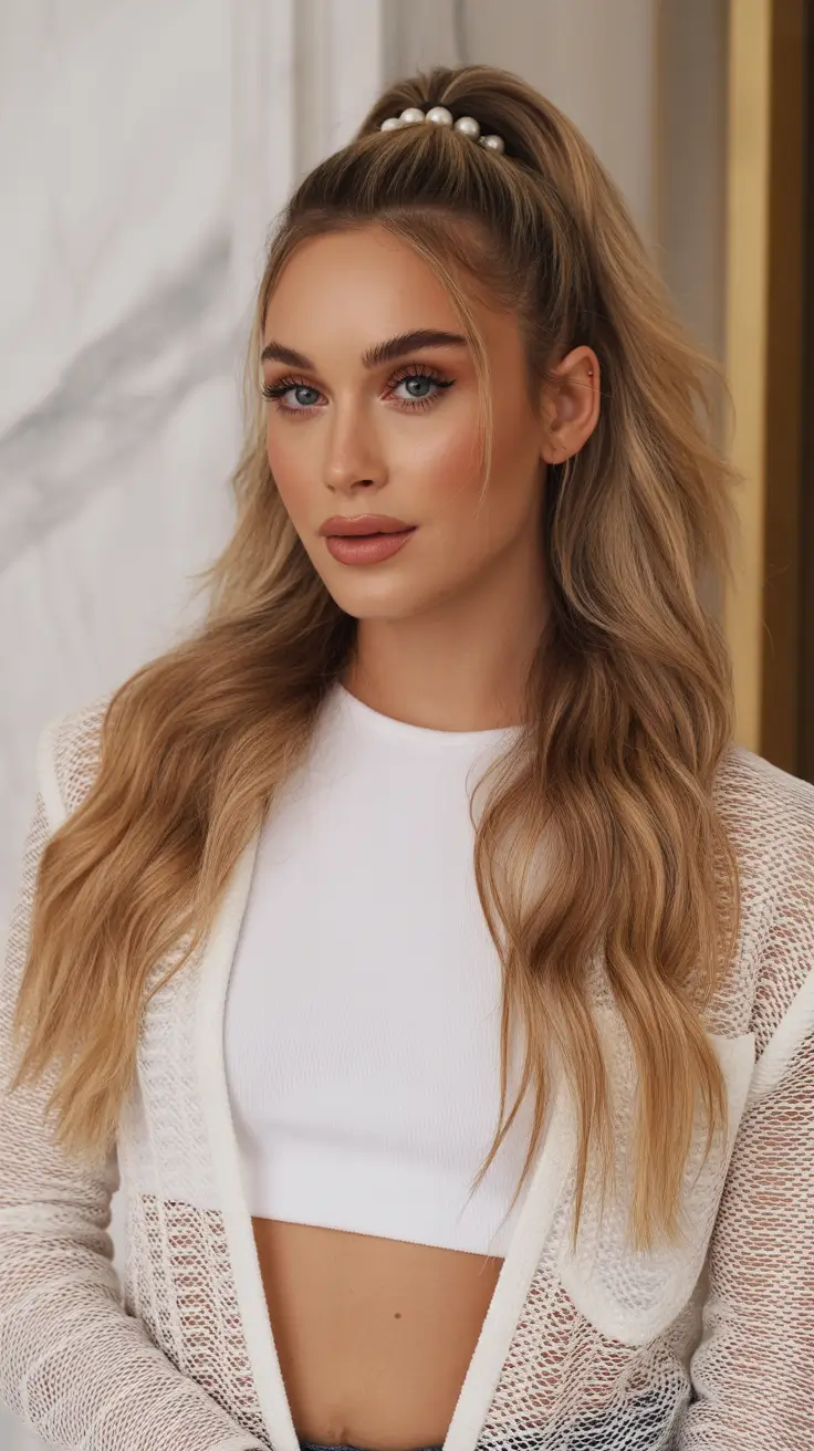 half up half down hairstyle 2026 Soft Waves With Pearl Accent