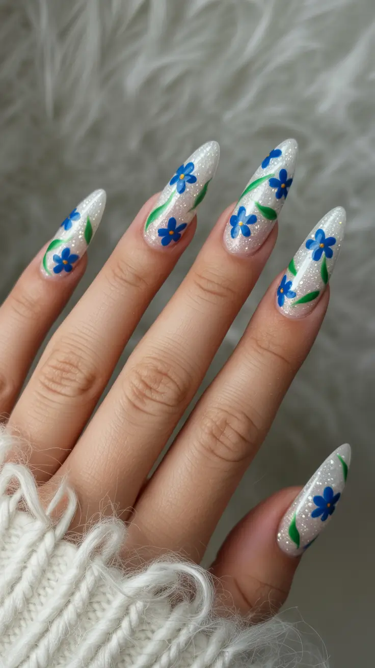 Cute nails ideas for 2026 Sheer Glitter Nails With Blue Floral Accents