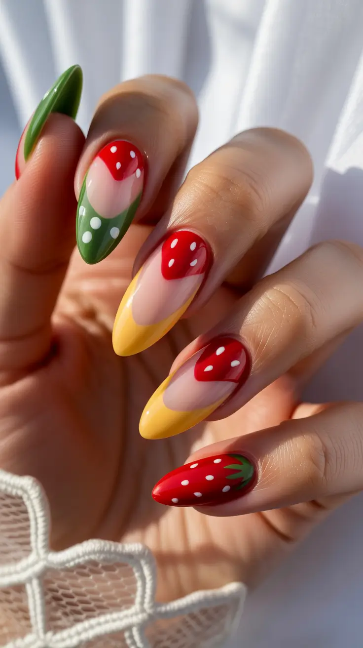 Cute nails ideas for 2026 Playful Strawberry Almond Nails With Summer Color Blocking