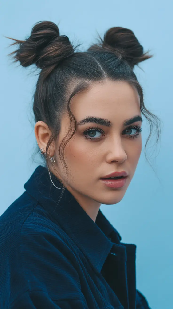 quick hairstyles 2026 Playful Double Space Buns With Loose Tendrils