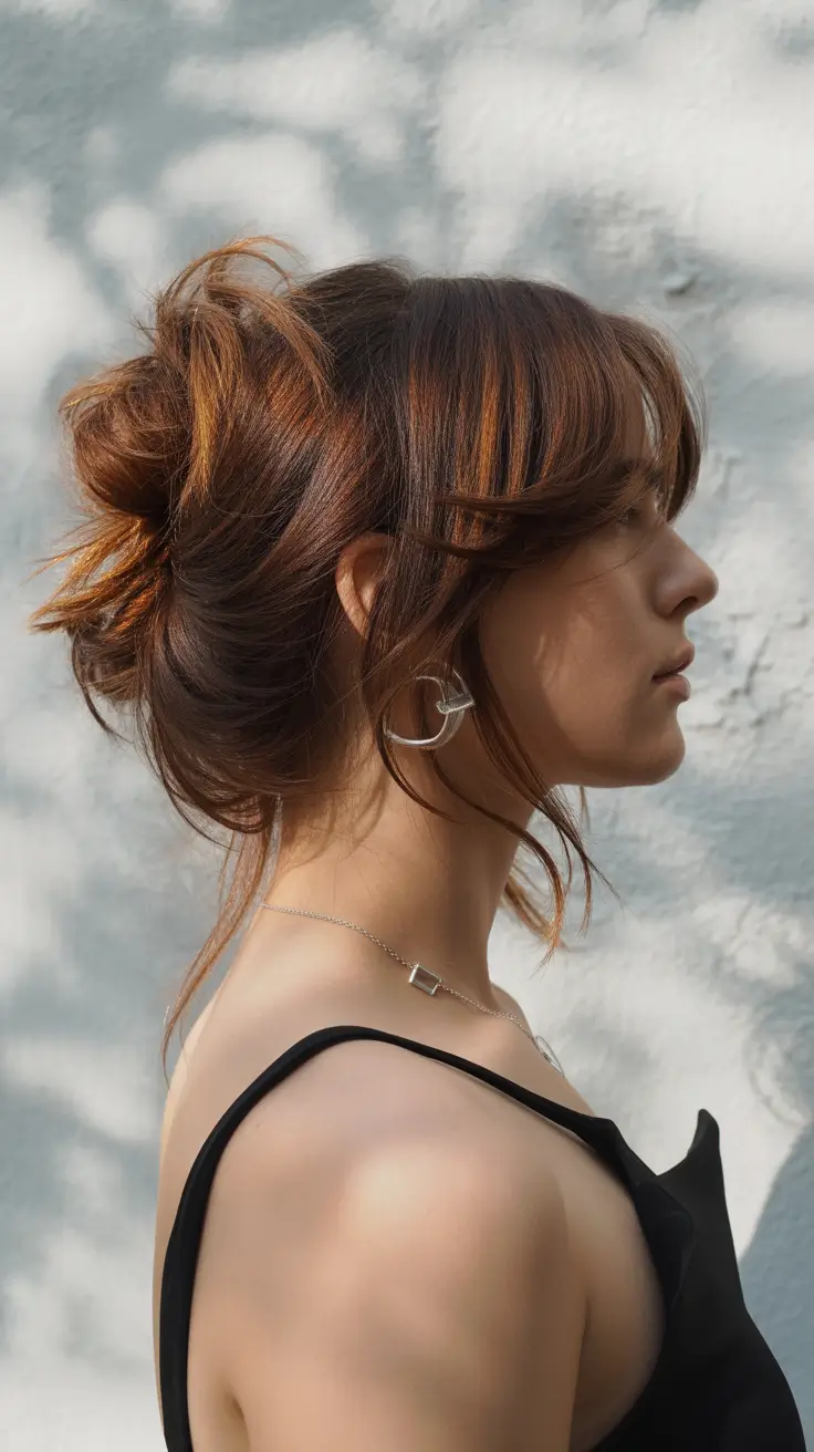 easy hairstyle 2026 Effortless Messy Bun with Face Framing Bangs