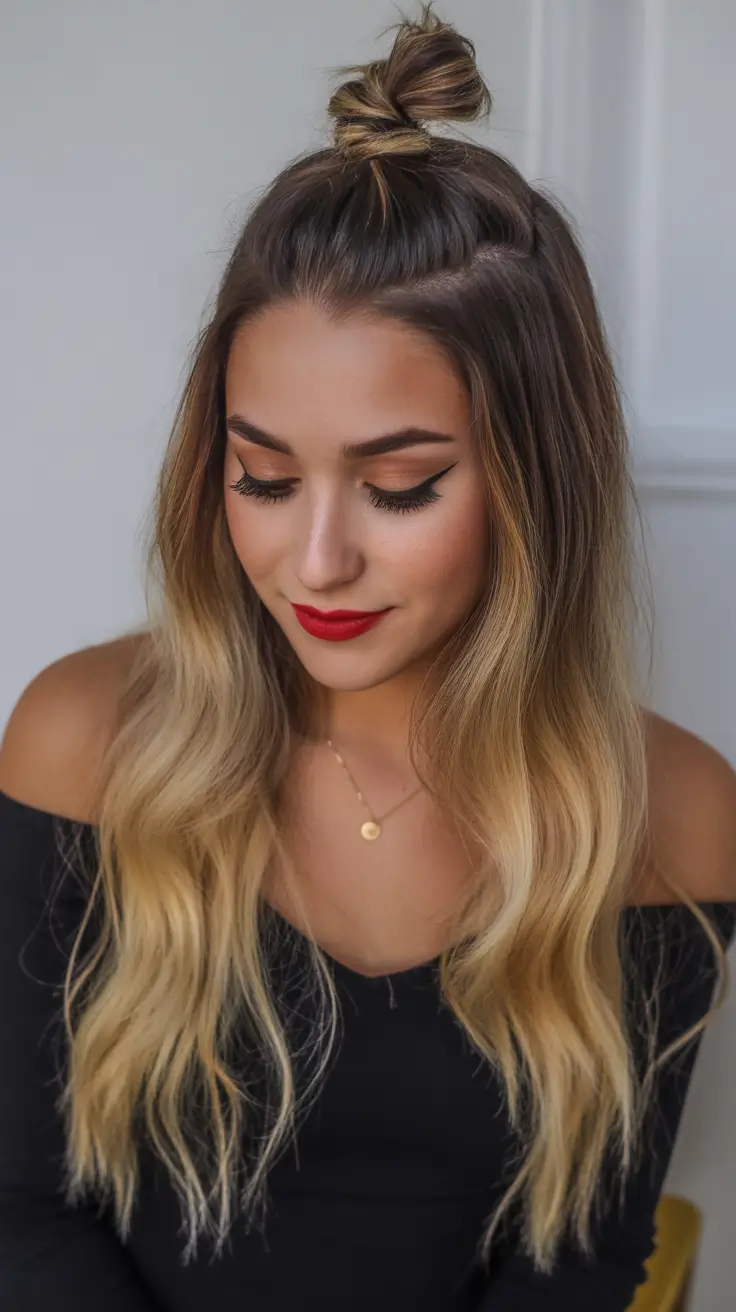 easy hairstyle 2026 Half Up Top Knot Glow