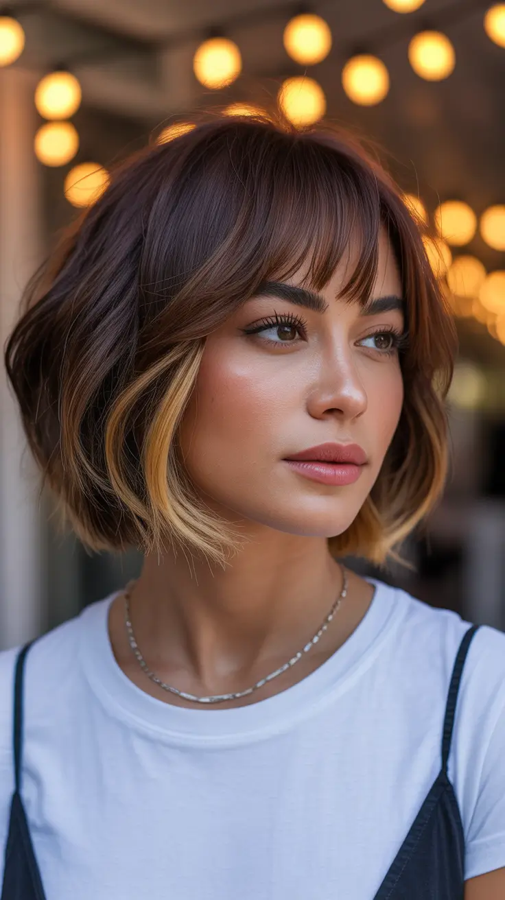 Choppy Bob Haircuts 2026 Warm Balayage Bob with Curtain Bangs