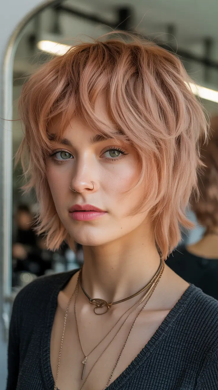 Choppy Bob Haircuts 2026 Peach Shaggy Bob with Whimsical Texture