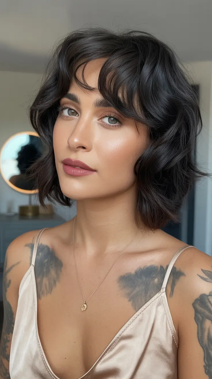 Choppy Bob Haircuts 2026 Soft Wavy Bob with Curtain Bangs