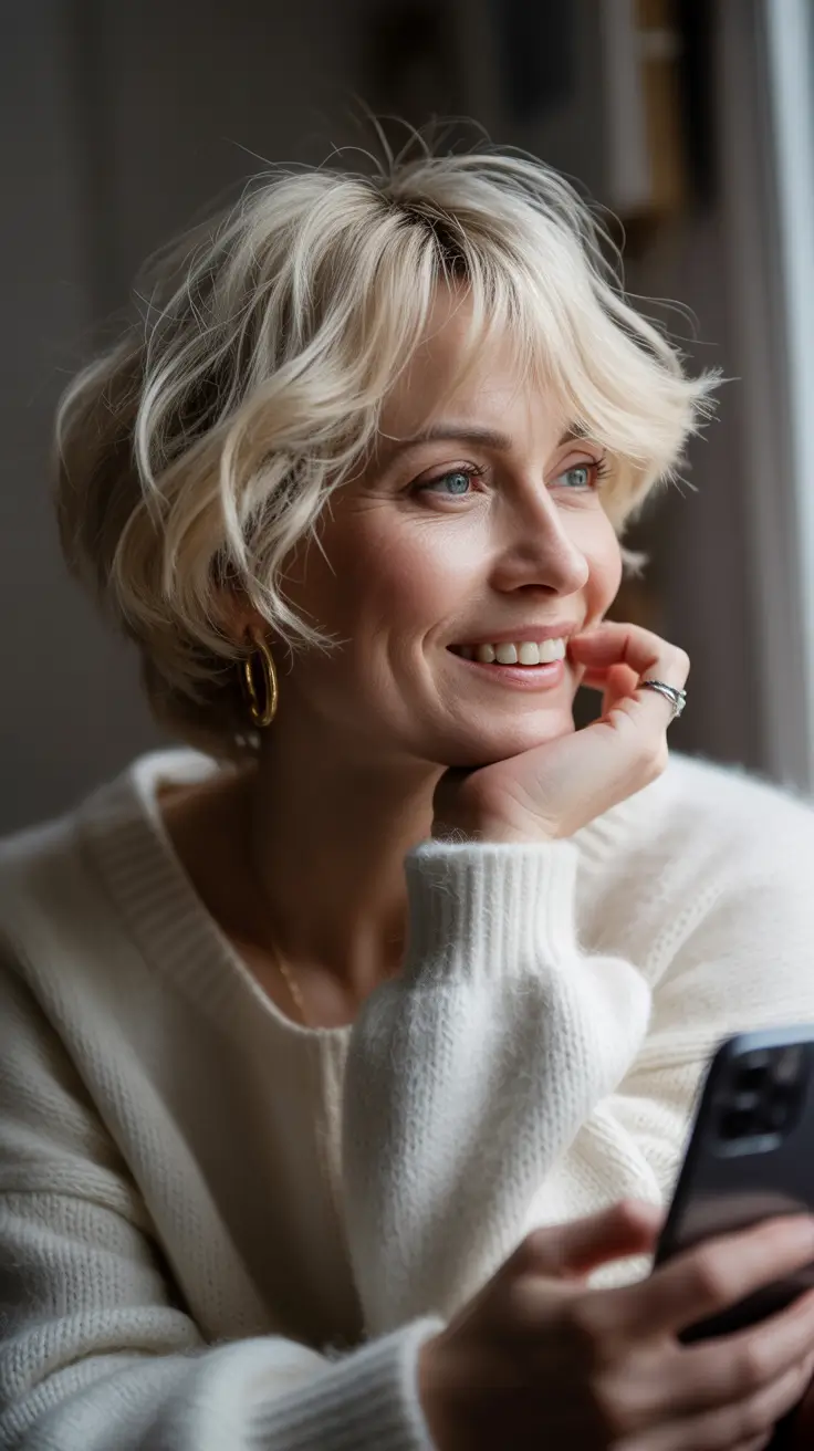 Choppy Bob Haircuts 2026 Blonde Tousled Bob with Cozy Elegance