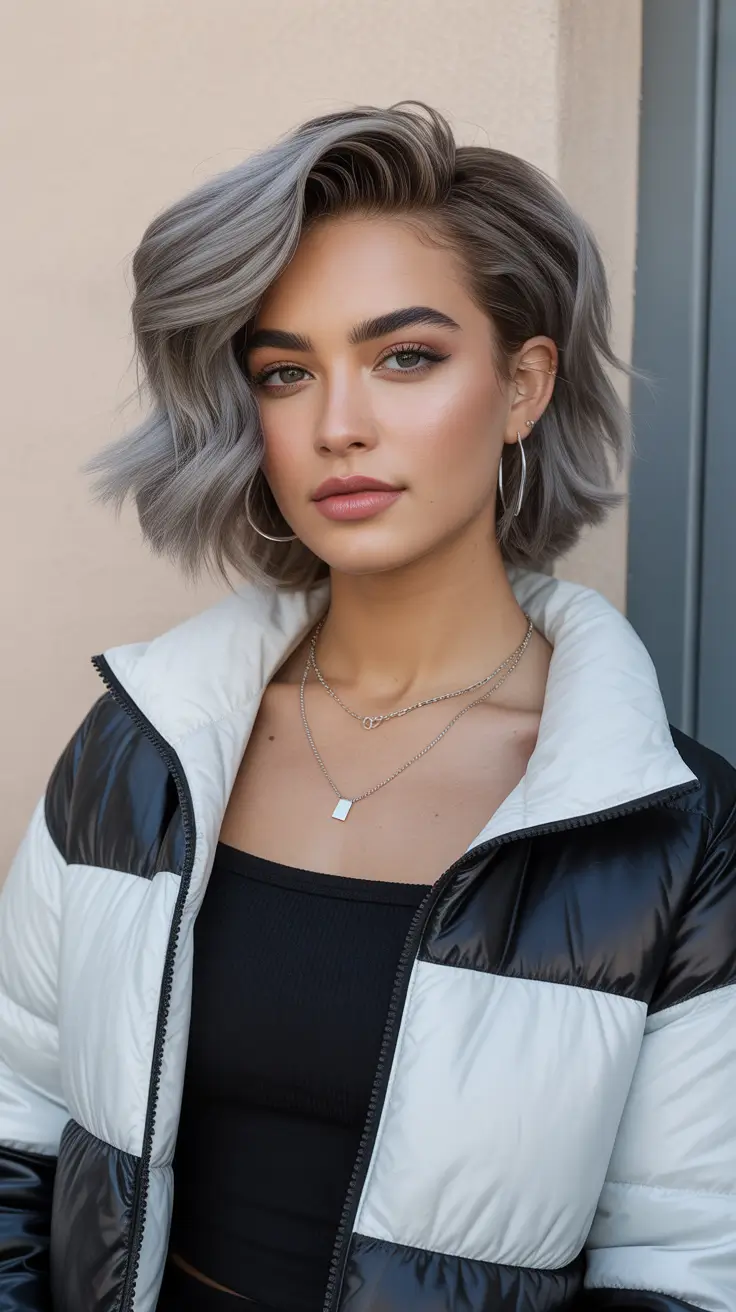Choppy Bob Haircuts 2026 Silver Angled Bob with Futuristic Flair