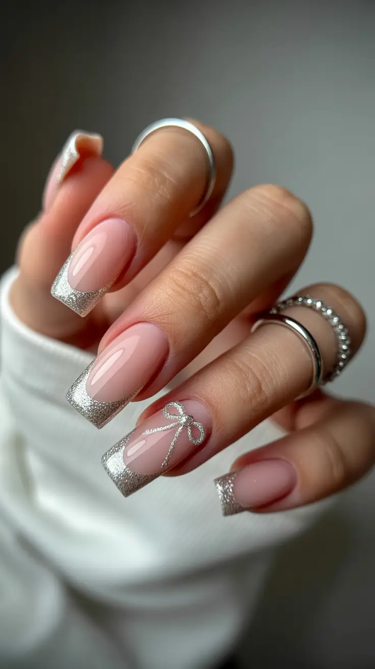 French Nail Designs 2026 Silver Glitter French