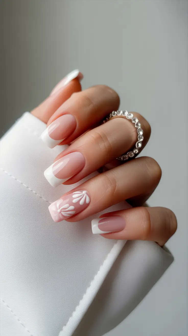 French Nail Designs 2026 White French With 3D Petal Accent