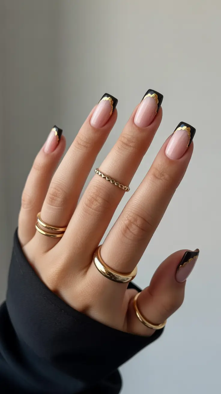 French Nail Designs 2026 Black French With Gold Trim