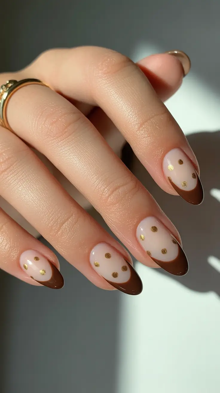 French Nail Designs 2026 Brown French With Gold Dots