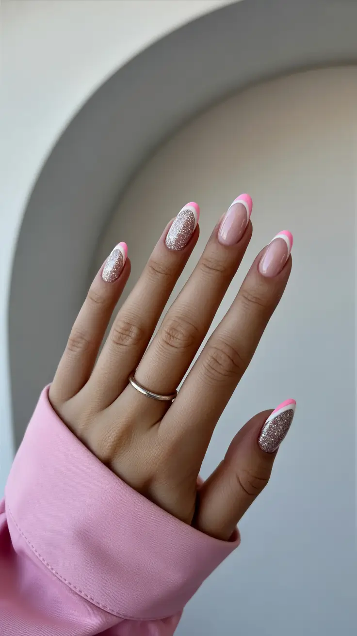 French Nail Designs 2026 Pink Glitter French
