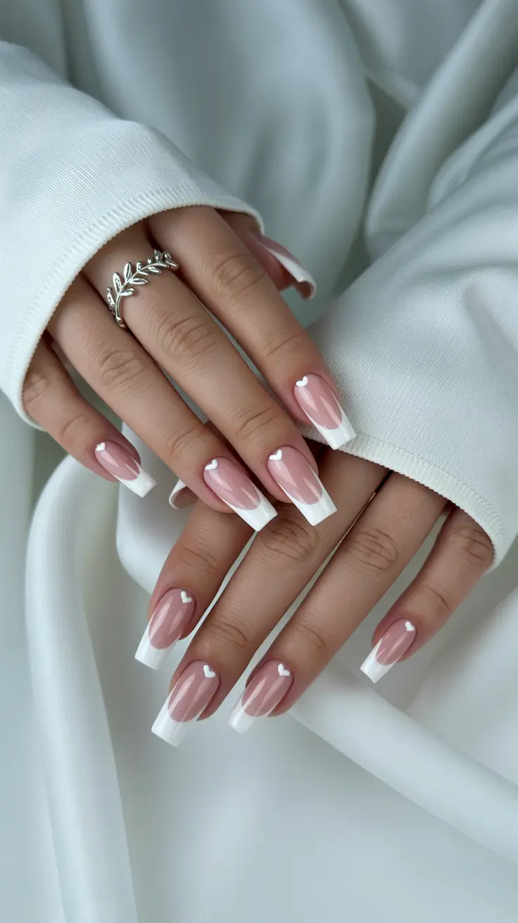 French Nail Designs 2026 White French With Hearts