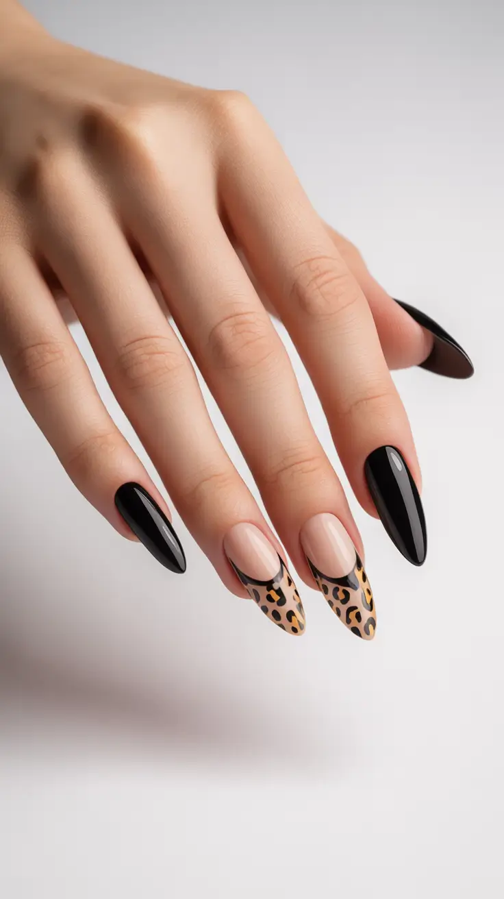 French Nail Designs 2026 Black Leopard French