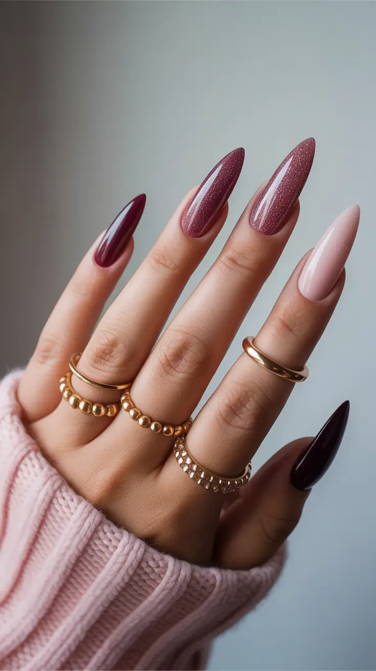 Glam Stiletto Nails 2026 Soft Burgundy Glam With a Polished Edge