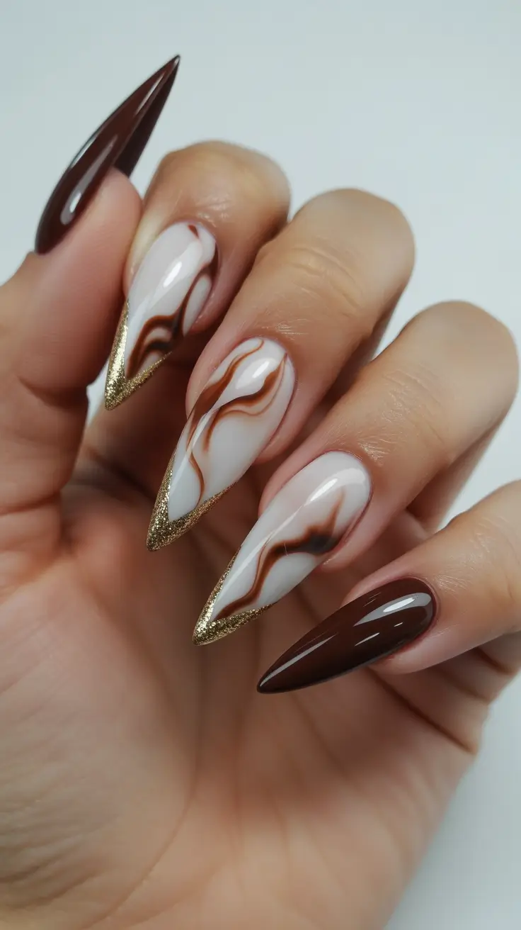 Glam Stiletto Nails 2026 Brown White Gold Marble Stiletto