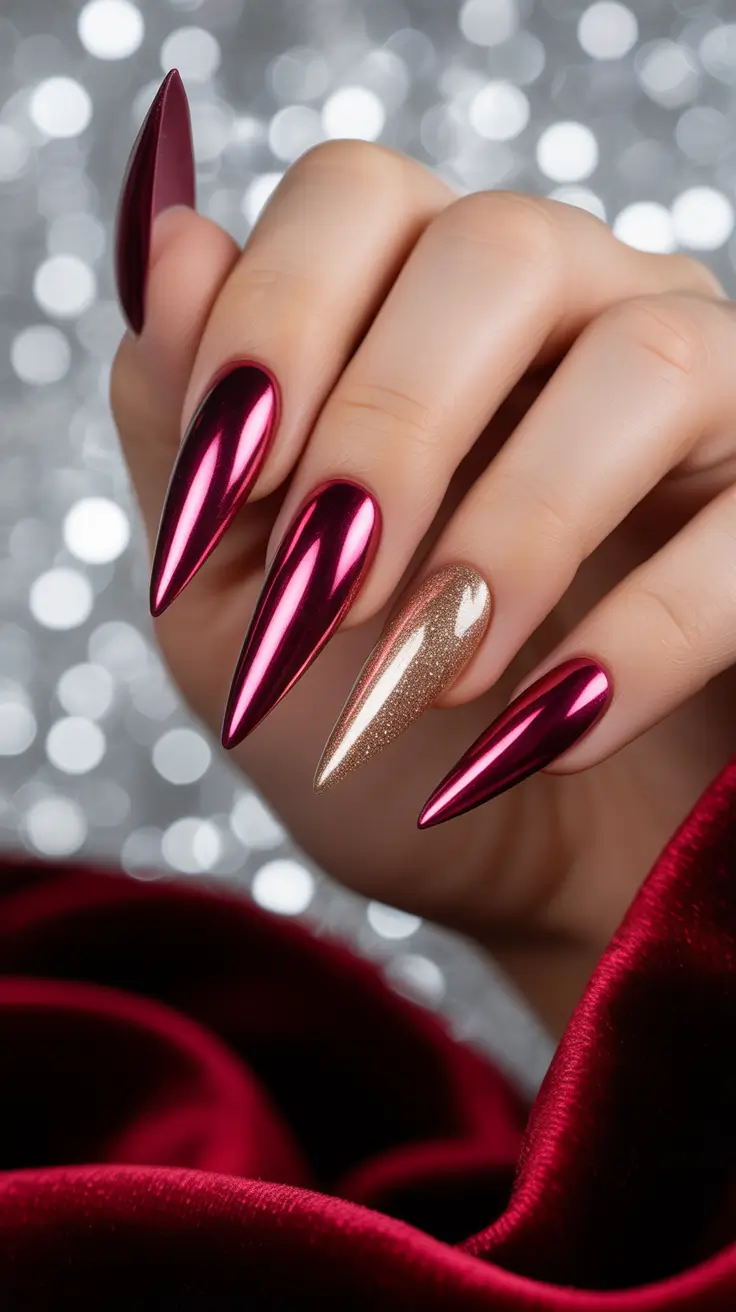 Glam Stiletto Nails 2026 Deep Burgundy Chrome With a Gold Accent