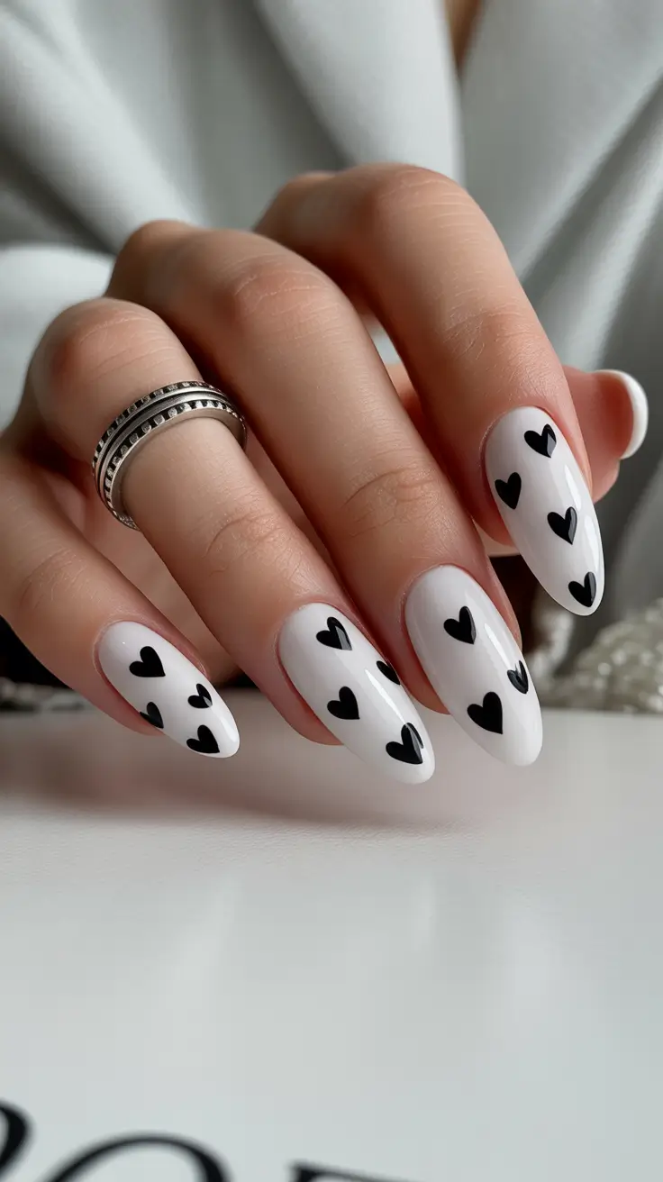 Glam Stiletto Nails 2026 White Stiletto Nails With Graphic Black Hearts